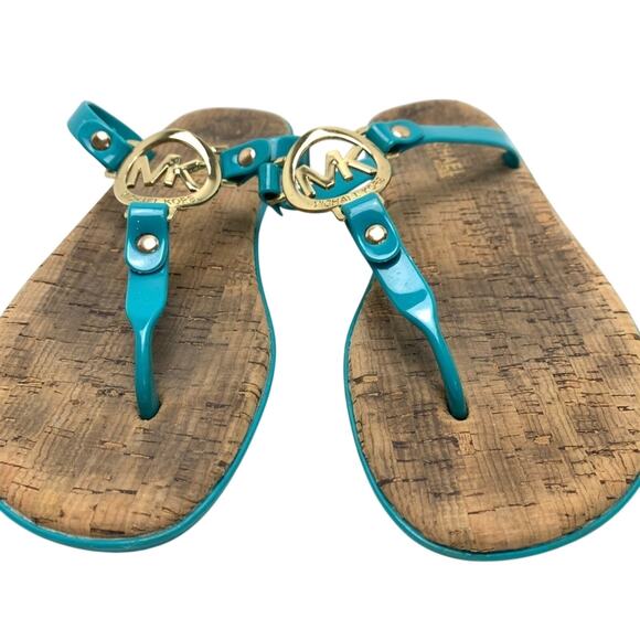 Michael Kors Teal Blue Gold Logo Thongs Sandals Flip Flops Shoes Flats sz 6 - Picture 6 of 16